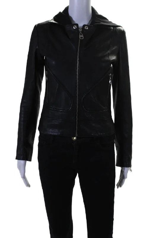 Quick Sale Doma Womens Leather Long Sleeves Hooded Full Zipper Jacket Black
