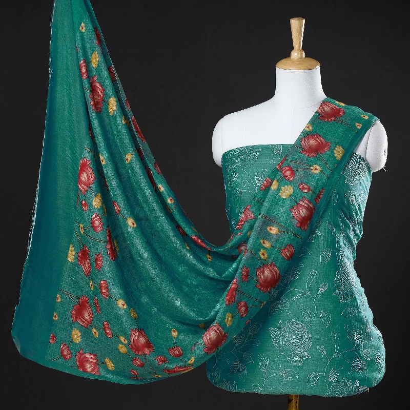 Closeout Sale Green - 3pc Handloom Chanderi Silk Cotton Embroidered Suit Material Set with Digital Printed Dupatta