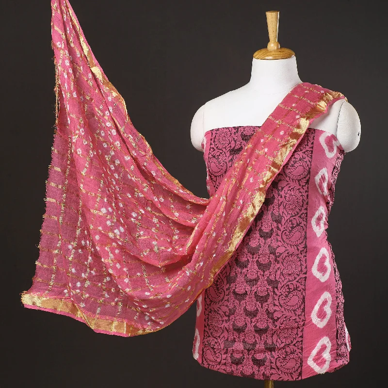 Sneak Peek Sale Pink - 3pc Kutch Bandhani & Shibori Tie-Dye Cotton Suit Material Set