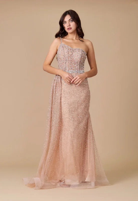Final Markdown Off Shoulder Hand Beaded Couture Evening Dress