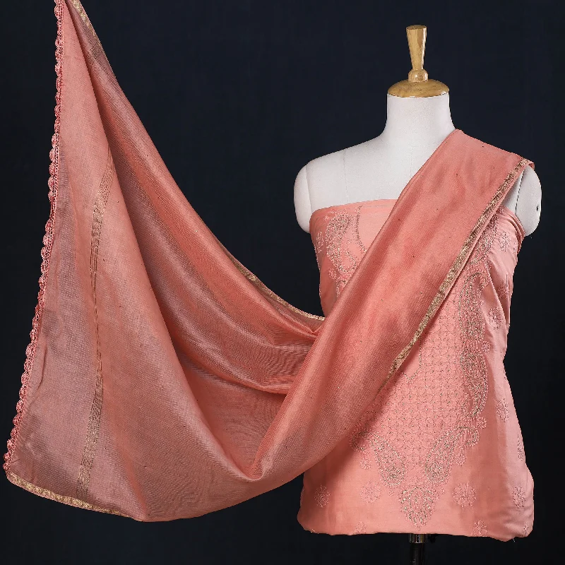 Clearance Sale Peach - 2pc Hand Embroidery Chanderi Silk Chikankari Dress Material