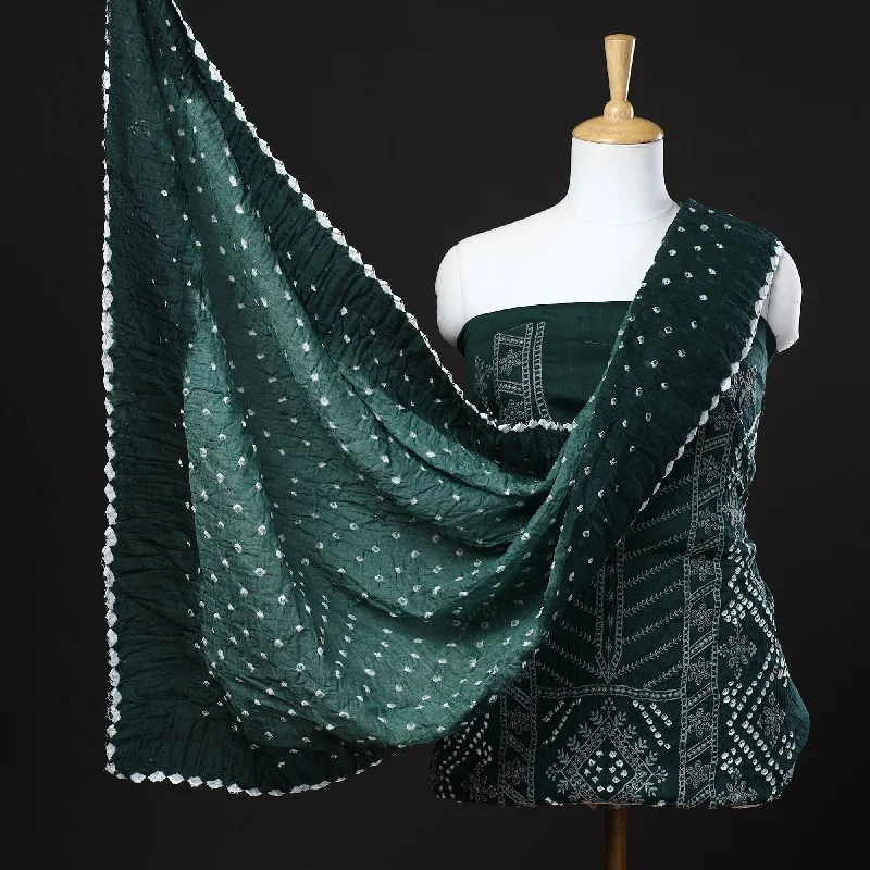 Deal Dash Green - 3pc Kutch Bandhani Tie-Dye Satin Cotton Suit Material Set