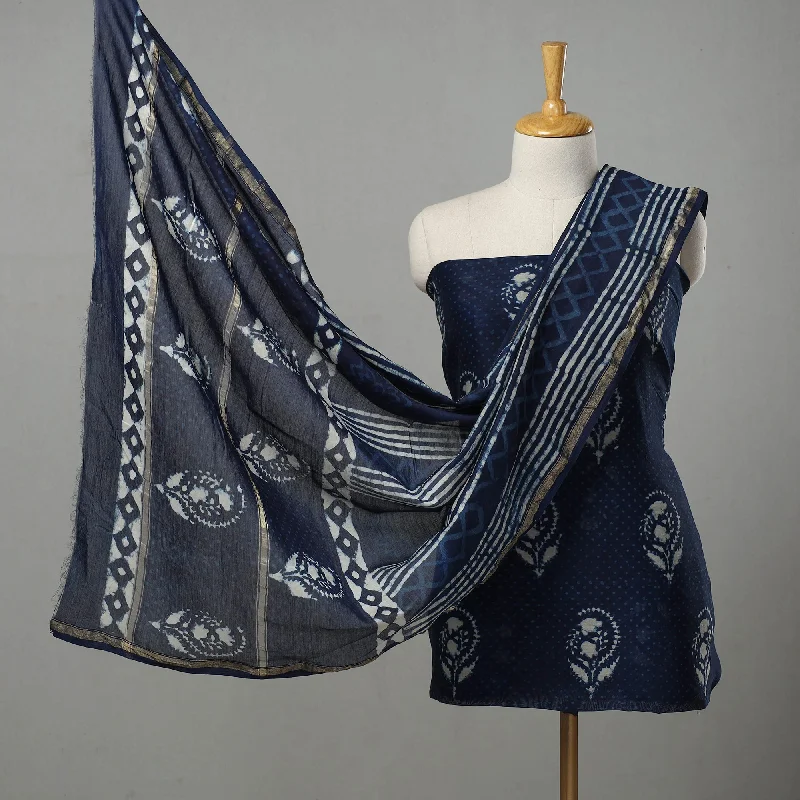 Referral Discount Blue - 3pc Chanderi Silk Indigo Bagru Print Dress Material 10