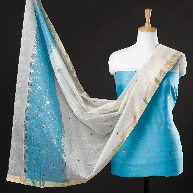 Special Promotion Blue - 3pc Chanderi Silk Cotton Handloom Flower Zari Buta Suit Material Set