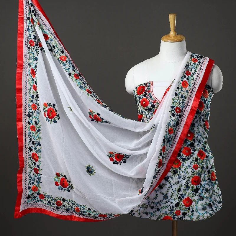Factory Direct Sale White - 3pc Hand Embroidery Georgette Phulkari Dress Material 64