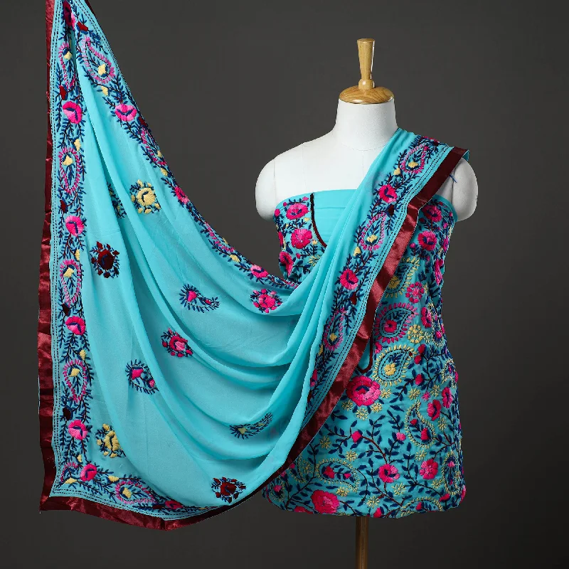 Limited Stock Blue - 3pc Hand Embroidery Georgette Phulkari Dress Material 08