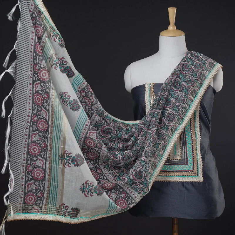 Quick Sale Grey - 3pc Sanganeri Block Printed Chanderi Silk Gota Patti Work Suit Material Set