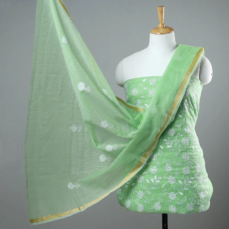 Discount Deals Green - 3pc Cotton Embroidered Kota Doria Dress Material 09