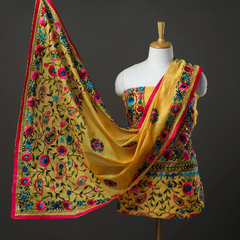 Mega Deal Yellow - 3pc Hand Embroidery Chanderi Silk Phulkari Dress Material 73