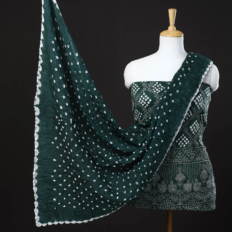Final Clearance Green - 3pc Kutch Bandhani Tie-Dye Satin Cotton Suit Material Set
