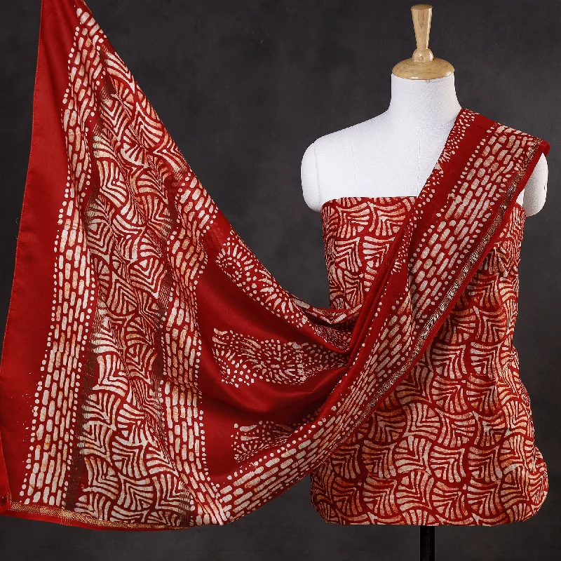Special Discount Red - 3pc Chanderi Silk Hand Batik Print Dress Material