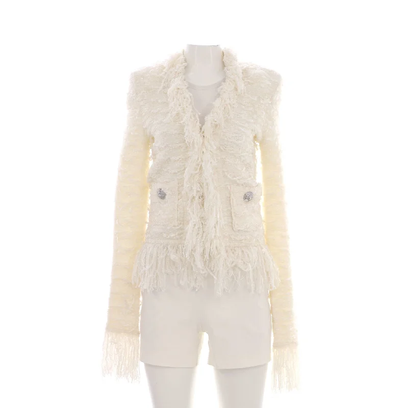 Hurry In Women's Fringe Trim Collarless Pocket Jacket Tweed
