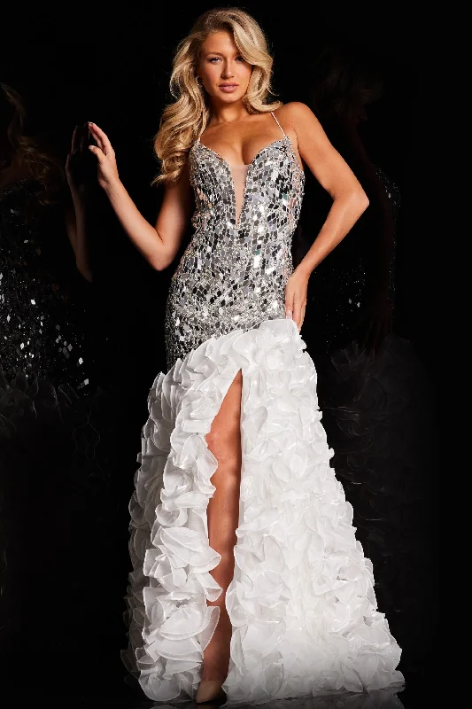 Don't Miss Jovani 37588 Long Formal Metallic Ruffled Skirt Prom Dress