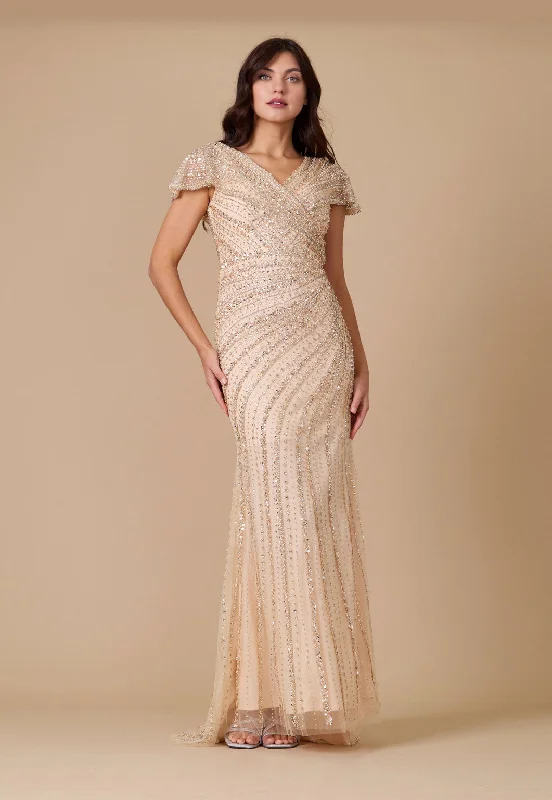 Deal Alert Short Sleeve Hand Beaded Formal Couture Dress Gold