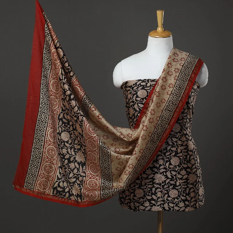 Mega Sale Black - 3pc Chanderi Silk Bagru Print Dress Material 07
