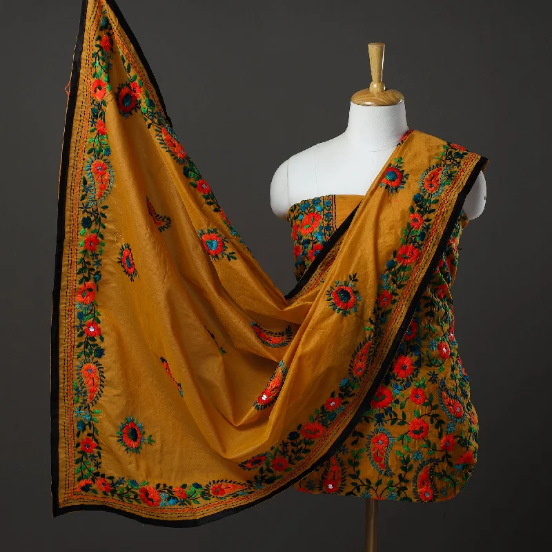 Bargain Prices Brown - 3pc Hand Embroidery Chanderi Silk Phulkari Dress Material 93
