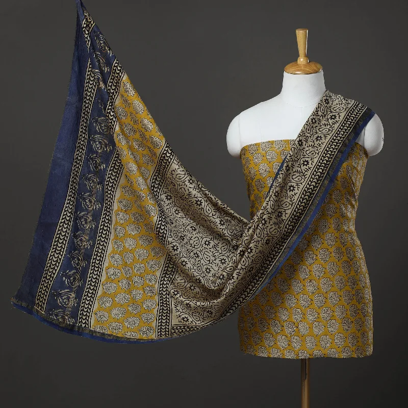 Online Exclusive Yellow - 3pc Chanderi Silk Bagru Print Dress Material 09