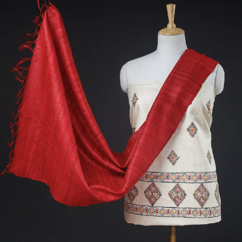 Instant Savings White - 2pc Godna Handpainted Tussar Silk Suit Material Set