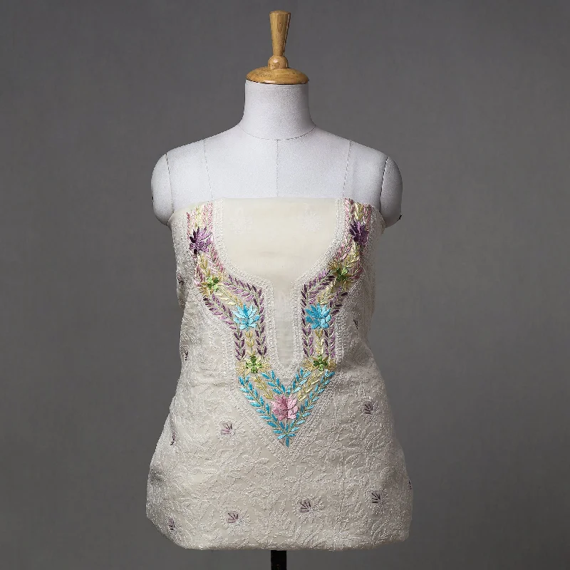 Great Deals White - Lucknow Chikankari with Parsi Style Embroidered Cotton Kurta Material - 2.95 Meter