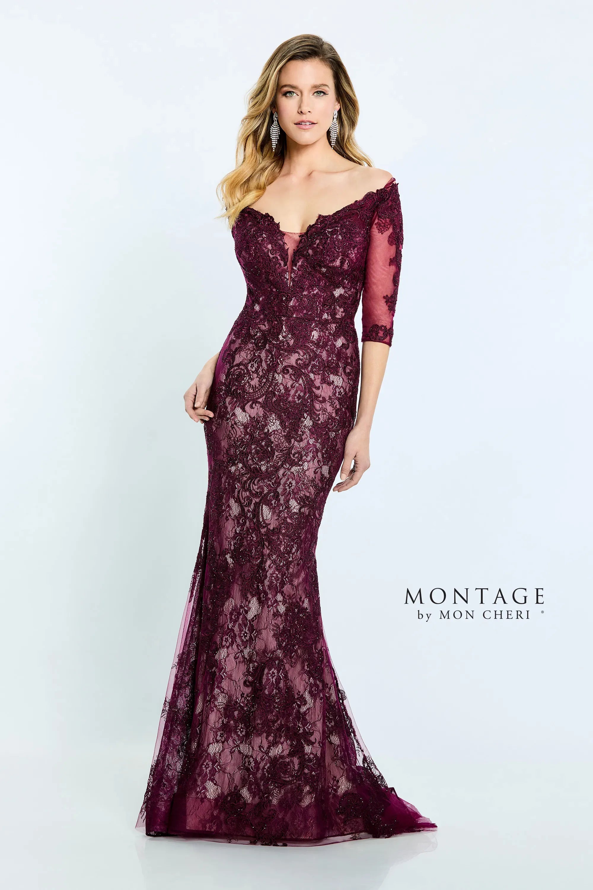 Must-Have Deals Montage M510 Long Fitted Formal Beaded Lace Evening Dress