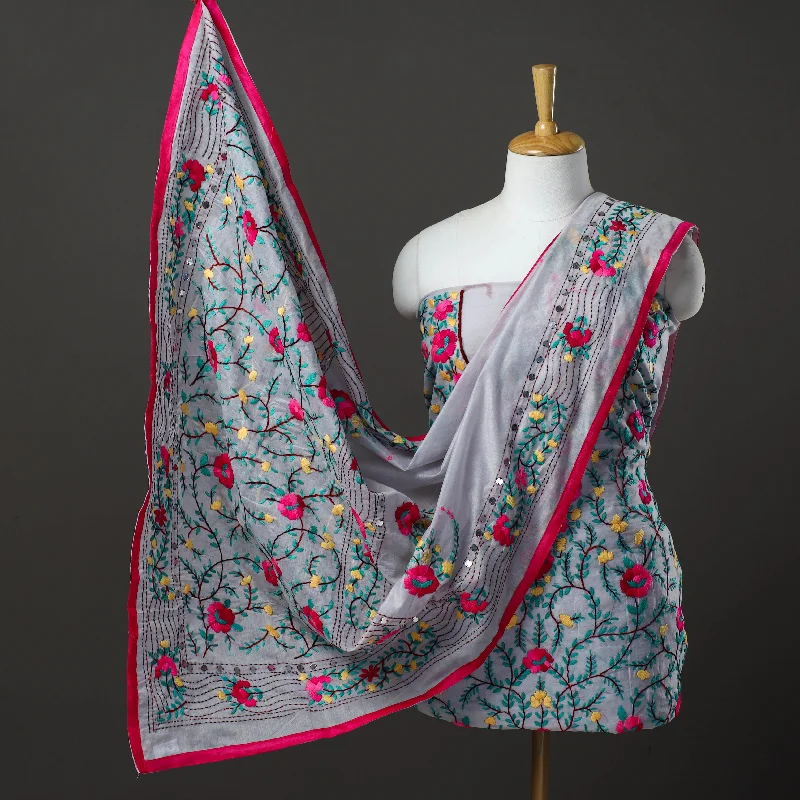 Blowout Sale Grey - 3pc Hand Embroidery Chanderi Silk Phulkari Dress Material 79