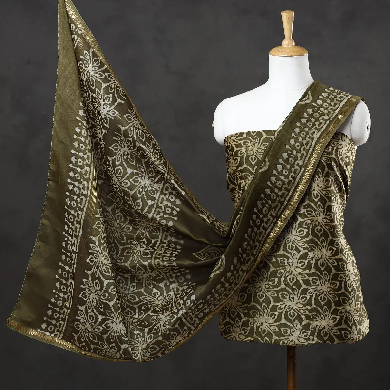 Bargain Blast Green - 3pc Chanderi Silk Hand Batik Print Dress Material