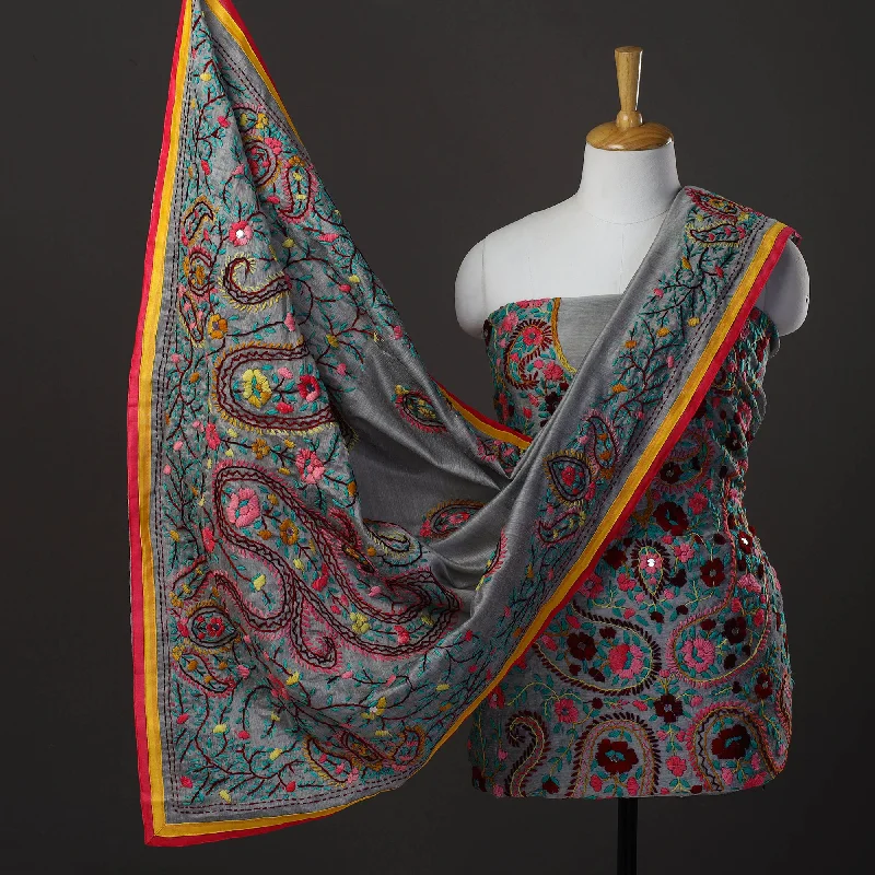 Lowest Prices Grey - 3pc Hand Embroidery Chanderi Silk Phulkari Dress Material 55