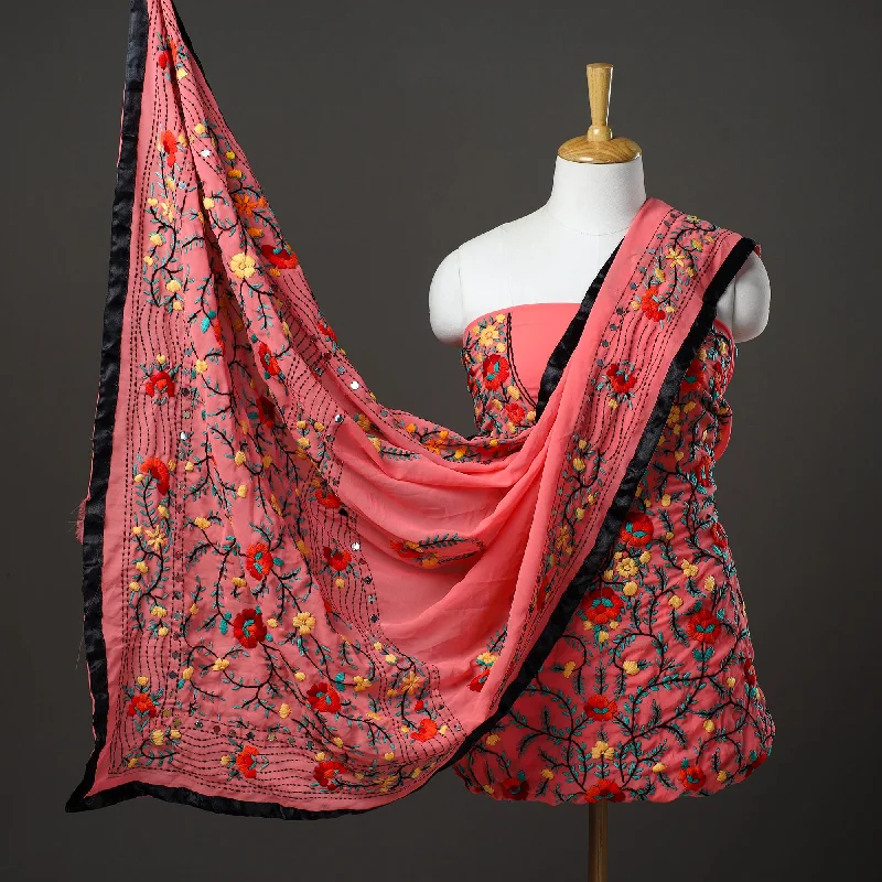 Clearance Sale Peach - 3pc Hand Embroidery Georgette Phulkari Dress Material 09