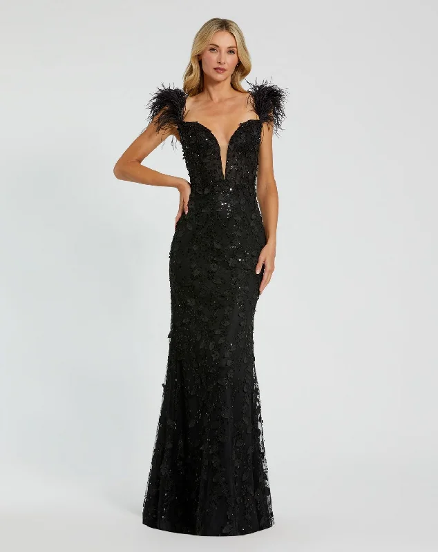 Price Reduction Mac Duggal 20889 Long Fitted Feather Straps Prom Dress
