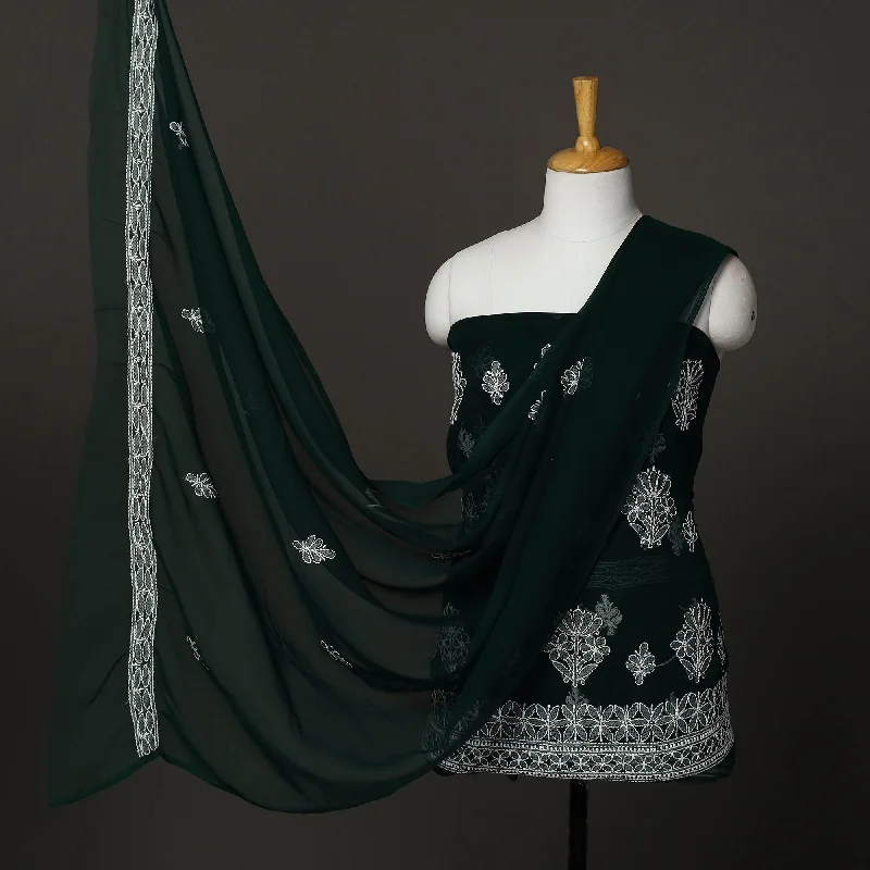 The Best Prices Green  - 3pc Embroidery Georgette Chikankari Dress Material 10