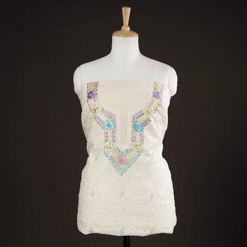 Early Access White - Lucknow Chikankari with Parsi Style Embroidered Cotton Kurta Material - 2.9 Meter