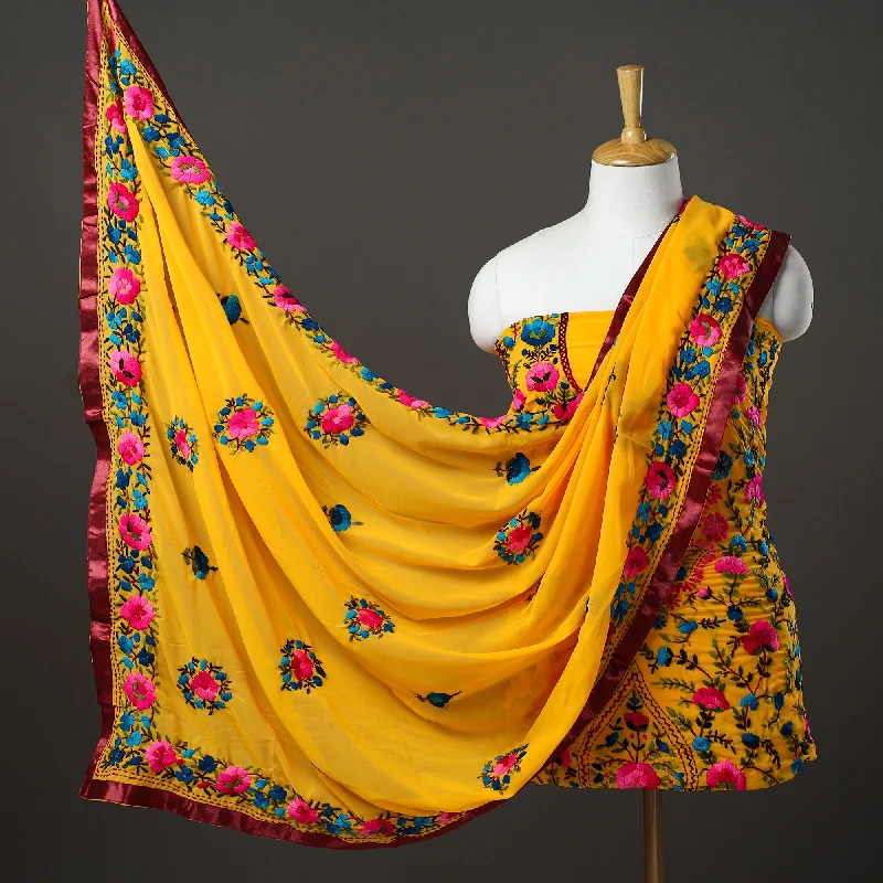 Price Drop Alert Yellow - 3pc Hand Embroidery Georgette Phulkari Dress Material 55