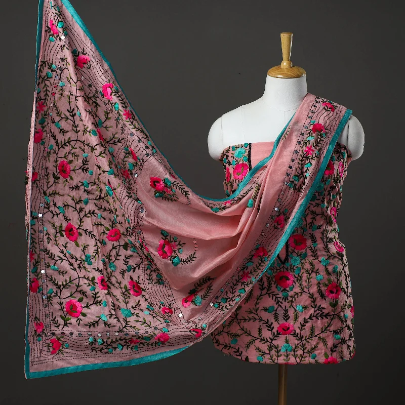 Bargain Prices Pink - 3pc Hand Embroidery Chanderi Silk Phulkari Dress Material 72