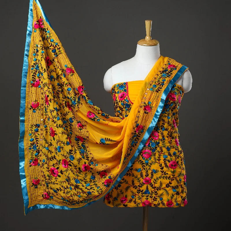 Price Slash Yellow - 3pc Hand Embroidery Georgette Phulkari Dress Material 03