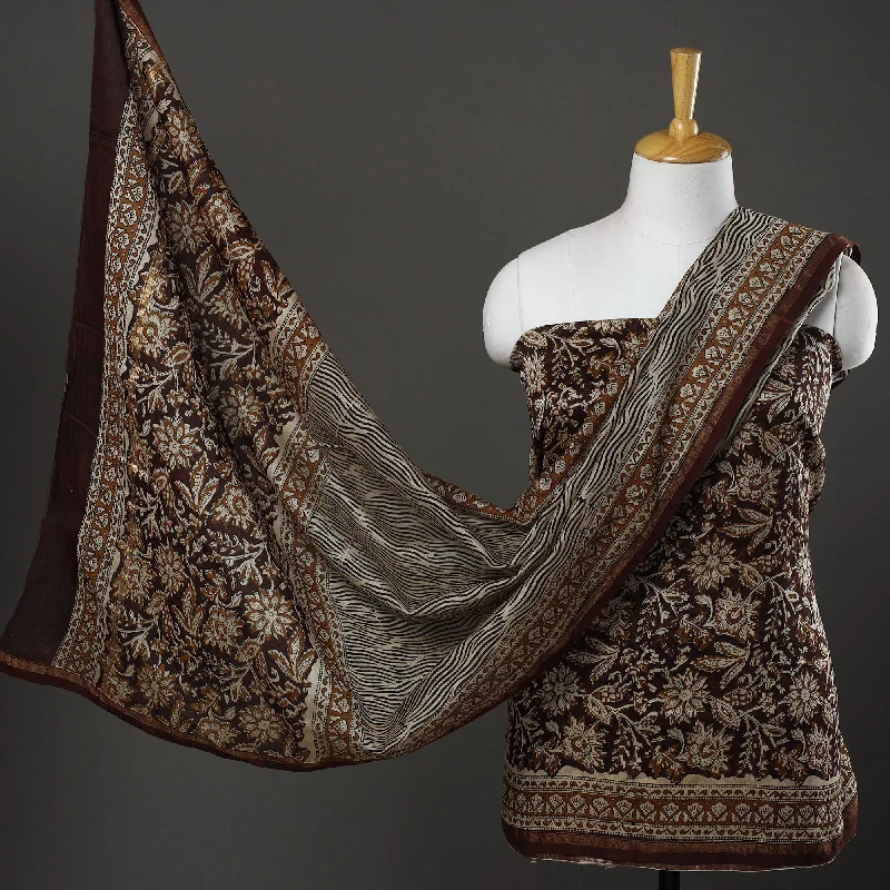 Limited Edition Brown -  3pc Bagru Print Chanderi Silk Dress Material 01