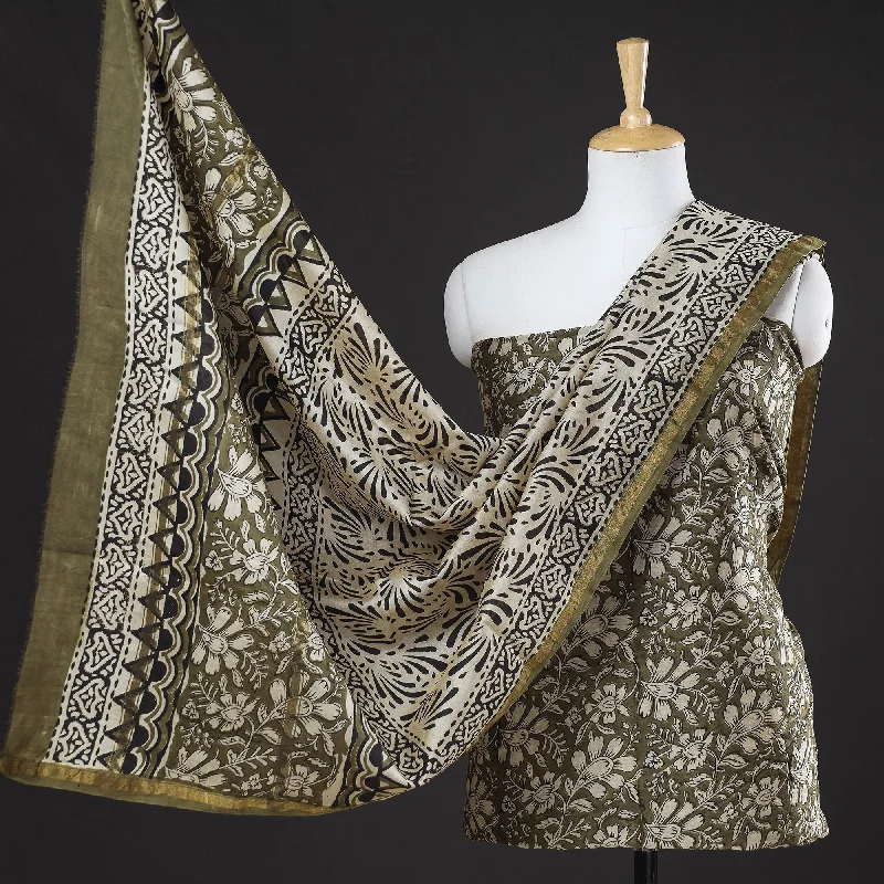 Super Bargain Green - 3pc Bagru Block Printed Chanderi Silk Suit Material Set