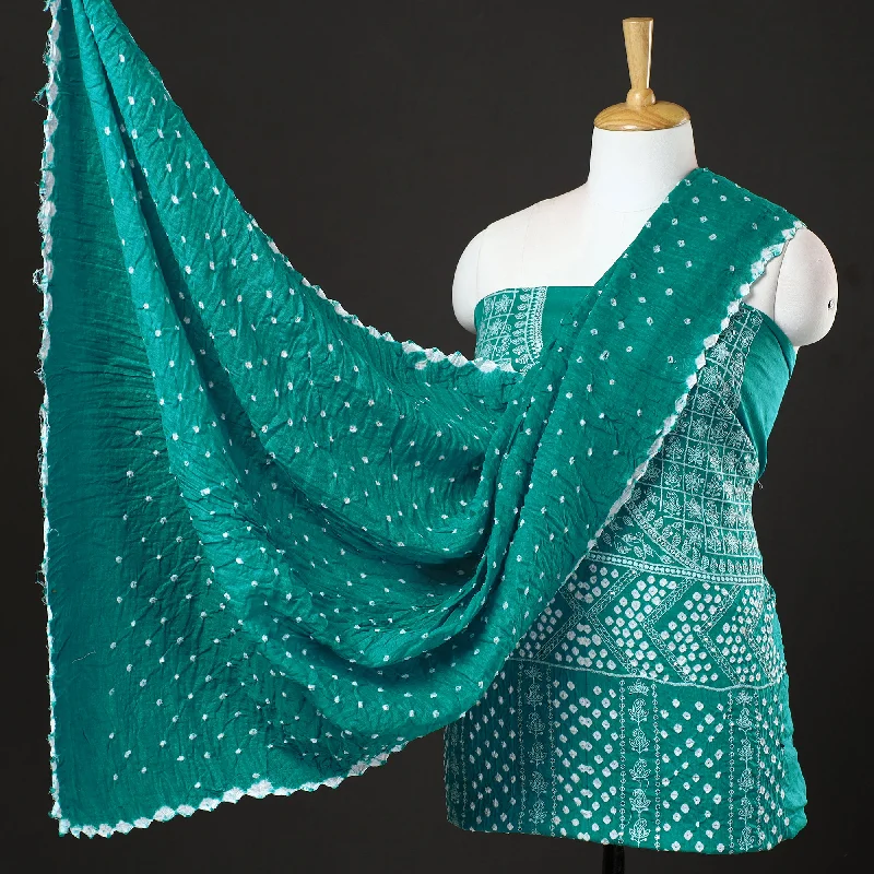 Act Now Green - 3pc Kutch Bandhani Tie-Dye Sequin Work Satin Cotton Suit Material Set 16