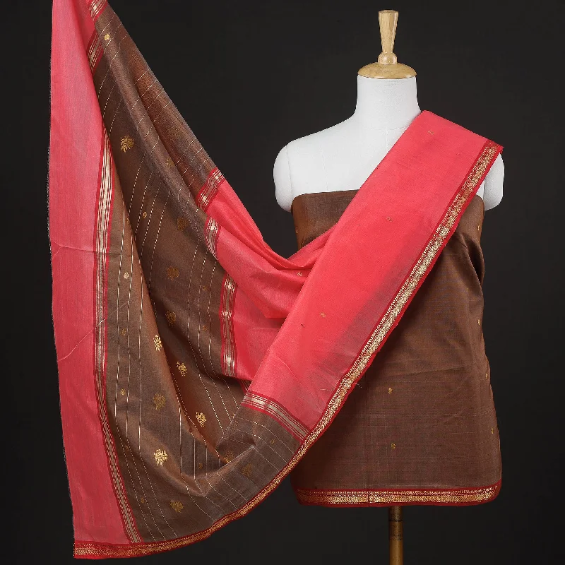 Act Fast Brown - 3pc Handloom Chanderi Silk Zari Buti Suit Material Set