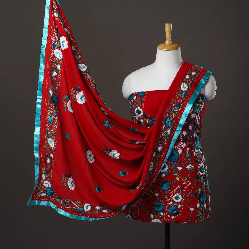 Exclusive Offers Red - 3pc Hand Embroidery Georgette Phulkari Dress Material 15