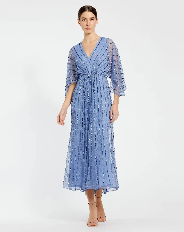 Flash Deals Mac Duggal 93995 Beaded Kimono Sleeve A Line Tea Length Dress