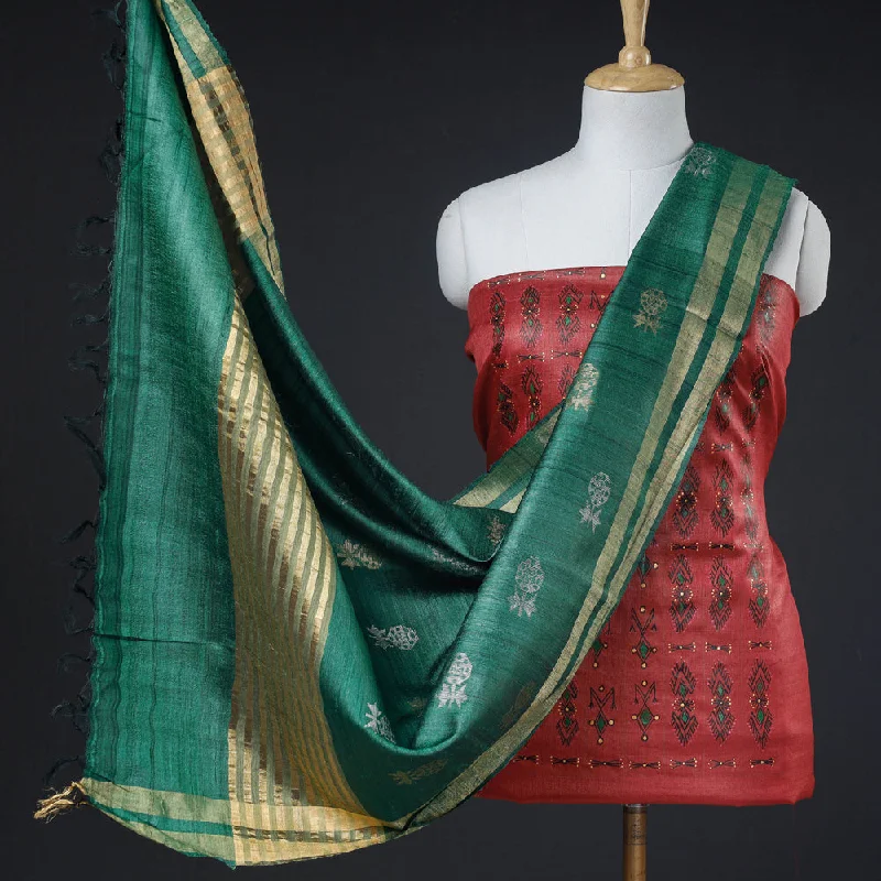 Limited Time Discount Red - 2pc Godna Handpainted Tussar Silk Suit Material with Zari Buta Dupatta Limited Time Discount Red - 2pc Godna Handpainted Tussar Silk Suit Material with Zari Buta Dupatta