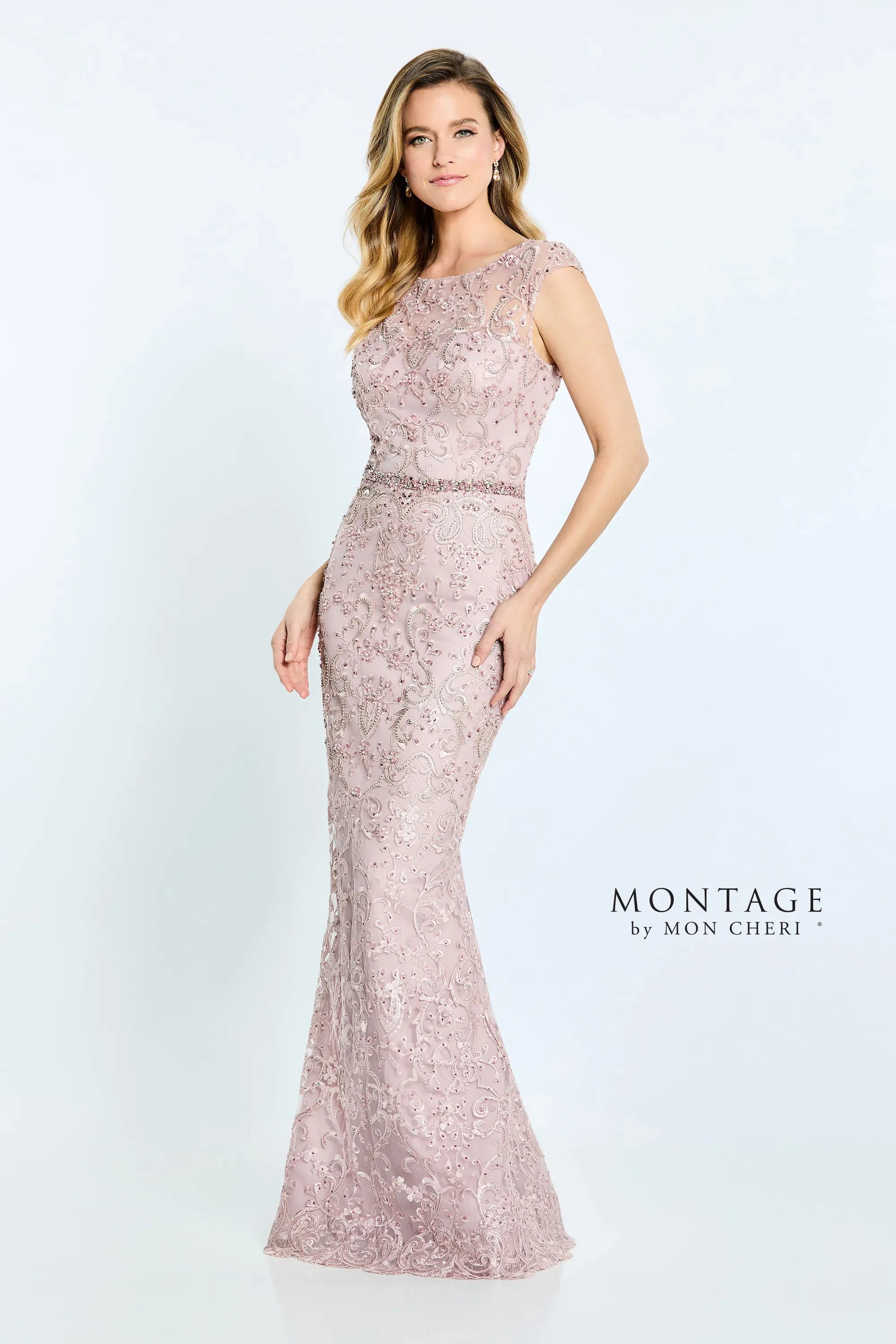 Daily Deals Montage M516 Beaded Floral Long Fitted Formal Evening Dress
