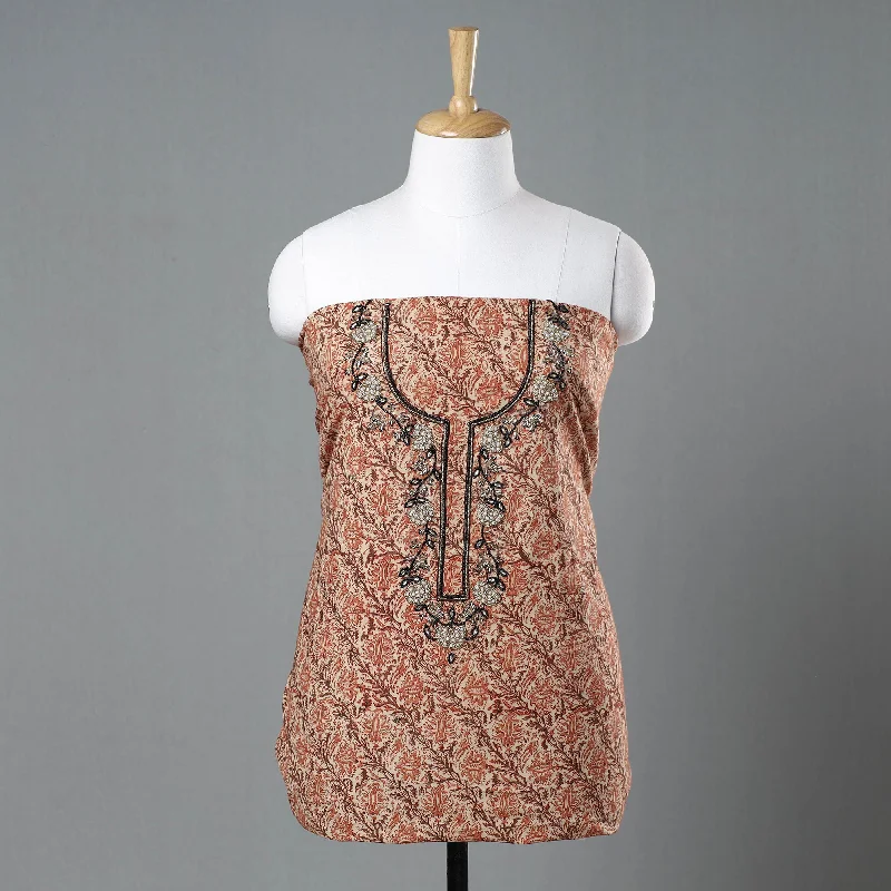 Referral Discount Multicolor - Kalamkari Block Printed Kundan & Bead Work Hand Embroidery Cotton Kurta Material - 2.6 Meter