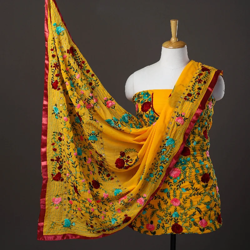 Deal of the Week Yellow - 3pc Hand Embroidery Georgette Phulkari Dress Material 16