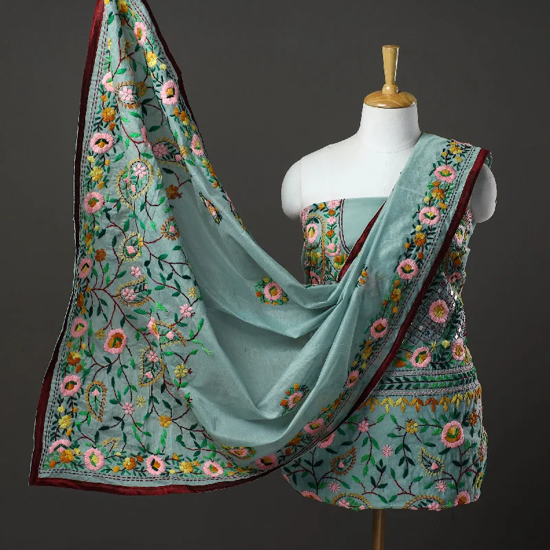 Buy More, Save More Green - 3pc Hand Embroidery Chanderi Silk Phulkari Dress Material 86