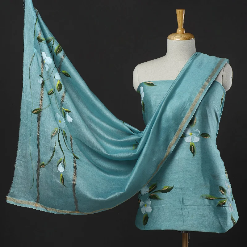 Best Bargains Blue - 3pc Hand Painted Chanderi Silk Suit Material Set 04
