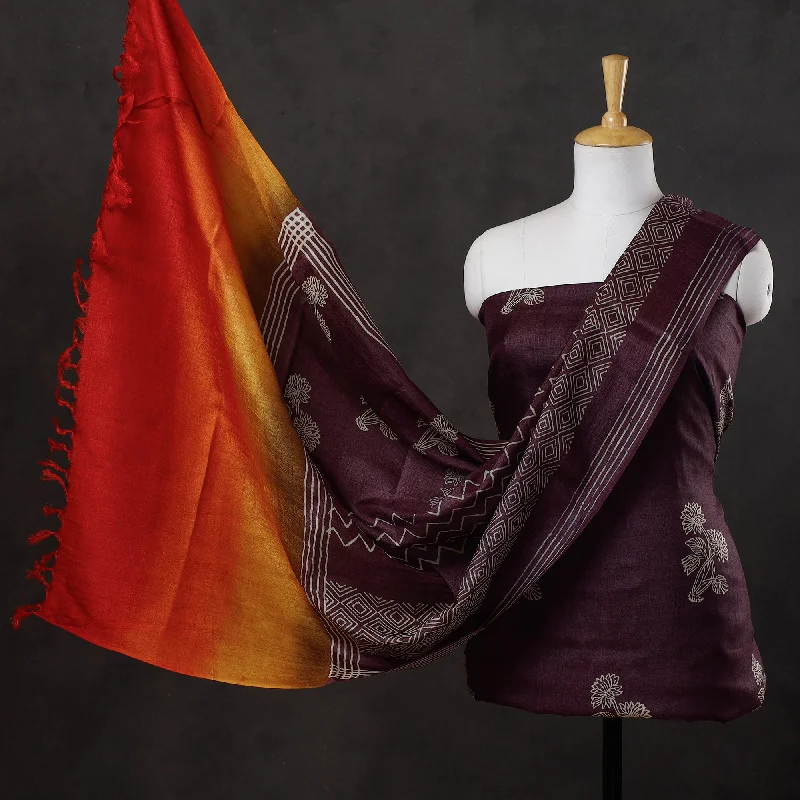 Limited Quantity Brown - 2pc Block Printed Tussar Silk Handloom Suit Material Set