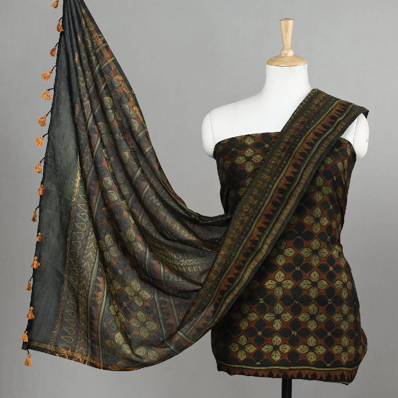 Warehouse Sale Green - 2pc Ajrakh Block Printed Chanderi Silk Suit Material Set
