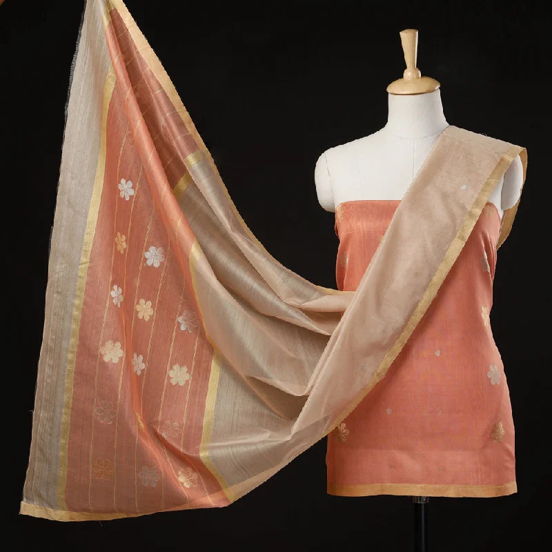 Savings Alert Peach - 2pc Chanderi Silk Handloom Flower Zari Buta Suit Material Set