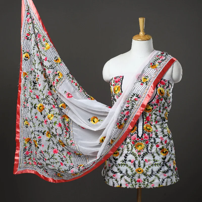 Massive Deals White - 3pc Hand Embroidery Georgette Phulkari Dress Material 20